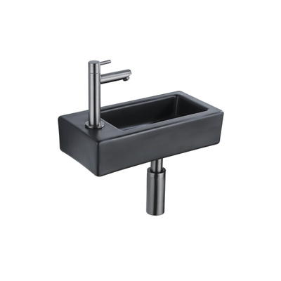 FugaFlow Efficiente Pietra Ensemble de fontaine - 37,5x18,5x9cm - céramique - trou de robinet à gauche - robinet de fontaine gunmetal - bouchon de vidange - siphon abaissé - Noir mat