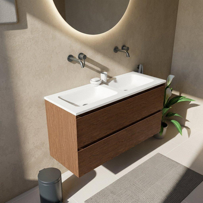 Saniclass Holz Pure Ensemble de meubles de salle de bains - 120x45x77.5cm - lavabo Torino en solid surface blanc - sans trou de robinet - 4 tiroirs - noyer pure mat (bois)