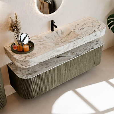 MONDIAZ THOR-DLUX 160cm meuble de salle de bains arrondi gauche + droite couleur Shadow avec 1 tiroir et 2 portes. Vasque suspendue CLOUD Milieu 1 trou de robinet couleur Glace.