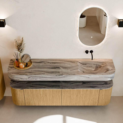 MONDIAZ THOR-DLUX 180cm badmeubel ronding links + rechts kleur Oak met 2 lades en 2 deuren. Vrijhangende wastafel CLOUD Rechts zonder kraangat kleur Sombra.