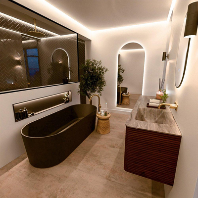 Mondiaz CIRO-DLUX Badkamermeubelset - 160x45x50cm - Solid surface wastafel Oza - 1 wasbak Rechts - zonder kraangaten - 4 lades - Ruby