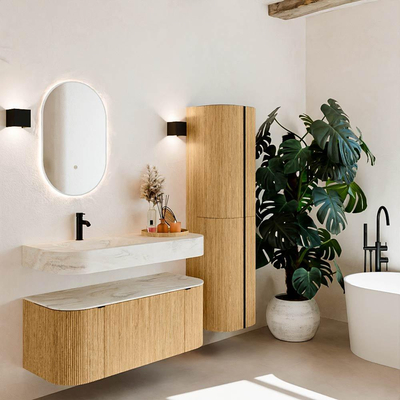 MONDIAZ THOR-DLUX 110cm badmeubel ronding links + rechts kleur Oak met 1 lade en 2 deuren. Vrijhangende wastafel CLOUD Links 1 kraangat kleur Ostra.