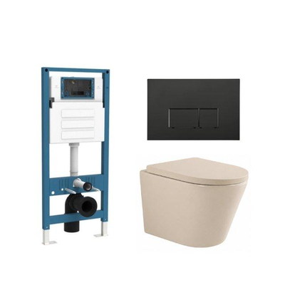 QeramiQ Dely Ensemble toilettes - réservoir encastré QeramiQ Flush - abattant 35mm - plaque de commande noire mate en plastique - boutons rectangulaires - beige