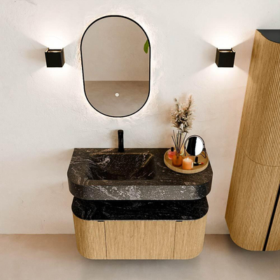 MONDIAZ THOR-DLUX 100cm meuble de salle de bains arrondi gauche + droite couleur Oak avec 1 tiroir et 2 portes. Vasque suspendue CLOUD Gauche 1 trou de robinet couleur Lava.