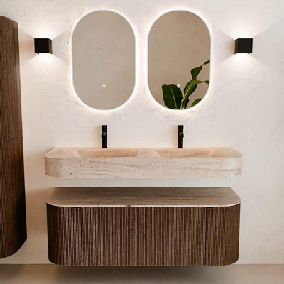 MONDIAZ THOR-DLUX 130cm badmeubel ronding links + rechts kleur Walnut met 1 lade en 2 deuren. Vrijhangende wastafel CLOUD Dubbel 2 kraangaten kleur Saba.