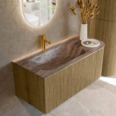 MONDIAZ KURVE-DLUX Meuble de salle de bains 105cm arrondi à droite couleur Dusk avec 1 tiroir et 1 porte. Lavabo BIG SMALL à gauche 1 trou de robinet Oza.