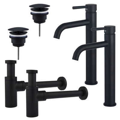 FugaFlow Eccelente Sobrado Kit robinet lavabo - pour double vasque - robinet rehaussé - bonde non-obturable - siphon design - Noir mat