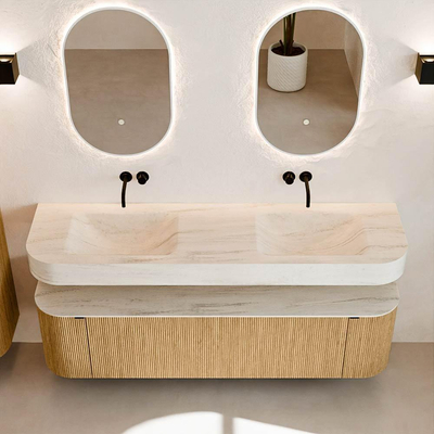 MONDIAZ THOR-DLUX 170cm badmeubel ronding links + rechts kleur Oak met 1 lade en 2 deuren. Vrijhangende wastafel CLOUD Dubbel zonder kraangat kleur Meli.