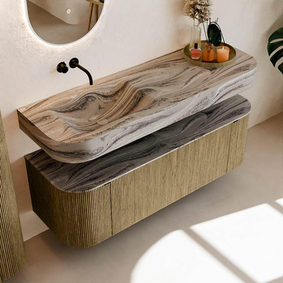 MONDIAZ THOR-DLUX Meuble de salle de bains 140cm arrondi gauche + droite couleur Dusk avec 1 tiroir et 2 portes. Vasque suspendue CLOUD Gauche sans trou de robinet couleur Sombra.