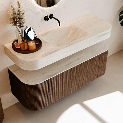 MONDIAZ THOR-DLUX 130cm badmeubel ronding links + rechts kleur Walnut met 1 lade en 2 deuren. Vrijhangende wastafel CLOUD Midden zonder kraangat kleur Meli.