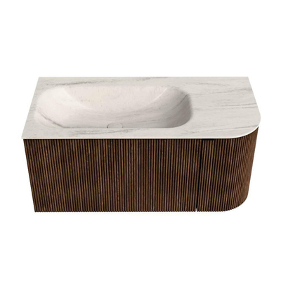 MONDIAZ KURVE-DLUX Meuble de salle de bains 95cm arrondi Droite couleur Walnut avec 1 tiroir et 1 porte. Lavabo BIG SMALL Gauche 1 trou de robinet Meli.