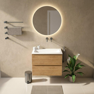 Saniclass Holz Pure Ensemble meuble de salle de bains - 80x45x77.5cm - lavabo Torino en solid surface blanc - sans trou de robinetterie - 2 tiroirs - chêne natural mat (bois)