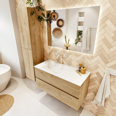 MONDIAZ VICA meuble sous lavabo 100cm Chêne blanchi 2 tiroirs. Lavabo CLOUD gauche 1 trou de robinet, couleur Talc.