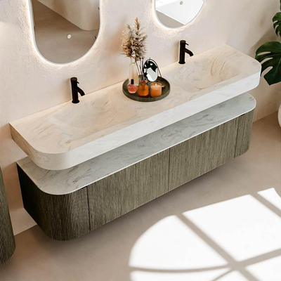 MONDIAZ THOR-DLUX 180cm meuble de salle de bains arrondi gauche + droite couleur Shadow avec 2 tiroirs et 2 portes. Vasque suspendue CLOUD Double 2 trous de robinet couleur Opalo.