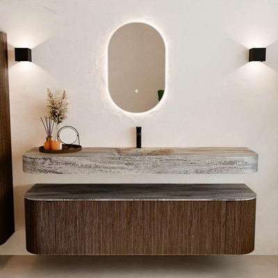 MONDIAZ THOR-DLUX 170cm badmeubel ronding links + rechts kleur Walnut met 1 lade en 2 deuren. Vrijhangende wastafel CLOUD Midden 1 kraangat kleur Oza.