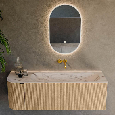 MONDIAZ KURVE-DLUX 135cm badmeubel ronding Links kleur Oak met 1 lade en 1 deur. Wastafel BIG MEDIUM Rechts zonder kraangat Nata.