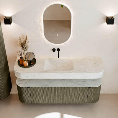 MONDIAZ THOR-DLUX 150cm meuble de salle de bains arrondi gauche + droite couleur Shadow avec 1 tiroir et 2 portes. Vasque suspendue CLOUD Milieu sans trou de robinet couleur Opalo.