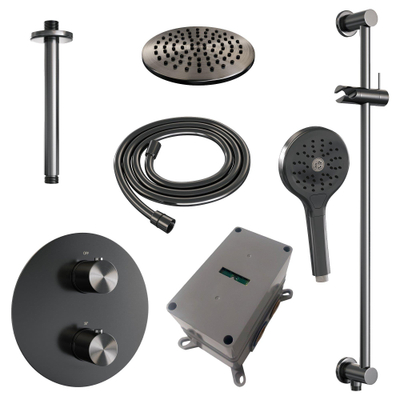 BRAUER Gunmetal Edition thermostatische Inbouw Regendouche - 3-weg - rond - set 95 - 20cm hoofddouche - plafondarm - 3-standen handdouche - doucheslang - geïntegreerde glijstang - gunmetal geborsteld PVD