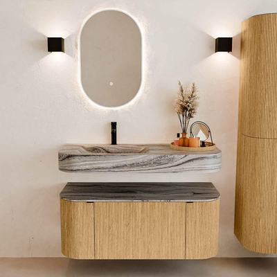 MONDIAZ THOR-DLUX 110cm badmeubel ronding links + rechts kleur Oak met 1 lade en 2 deuren. Vrijhangende wastafel CLOUD Links 1 kraangat kleur Sombra.