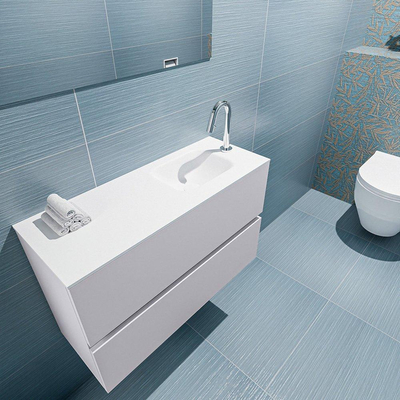 MONDIAZ ADA Meuble WC - 80x30x50cm - 1 trou de robinet - 2 tiroirs - cale mat - vasque à droite - Solid surface - Blanc