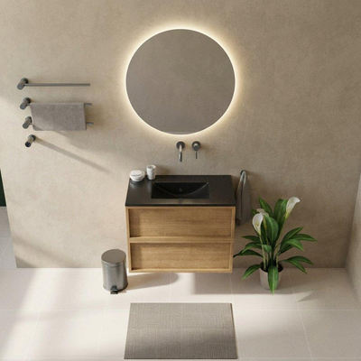 Saniclass Holz Frame Ensemble de meubles de salle de bains - 80x45x62cm - Vygo lavabo en céramique noir - 1 vasque - sans trou de robinet - 2 tiroirs - chêne natural mat (bois)