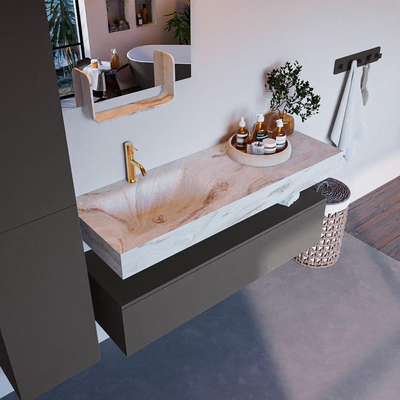Mondiaz ALAN-DLUX Ensemble de meuble - 130cm - meuble Dark grey mat - 1 tiroir - Lavabo Cloud Frappe suspendu - vasque Gauche - 1 trou de robinet