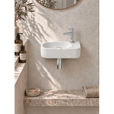 QeramiQ Fuente fonteinset – halfrond – 40x21.5x12 cm – keramiek wit glans – kraangat rechts – chromen kraan