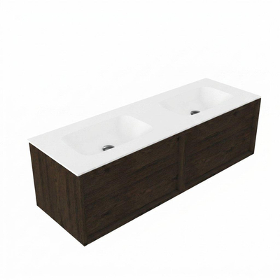 Saniclass Holz Frame Ensemble de meubles de salle de bains - 140x45x41.5cm - lavabo Flow en solid surface blanc - 2 vasques - sans trous de robinetterie - 2 tiroirs - chêne charcoal mat (bois)
