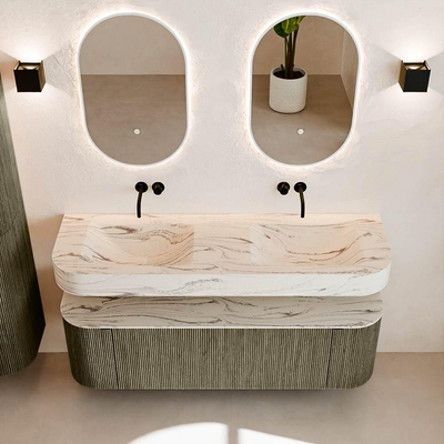 MONDIAZ THOR-DLUX 150cm meuble de salle de bains arrondi gauche + droite couleur Shadow avec 1 tiroir et 2 portes. Vasque suspendue CLOUD Double sans trou de robinet couleur Nata.