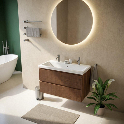 Saniclass Holz Atelier Ensemble de meubles de salle de bains - 100x45x63.5cm - Bari lavabo en céramique blanc - 1 vasque - 2 trous de robinetterie - 2 tiroirs - noyer pure mat (bois)