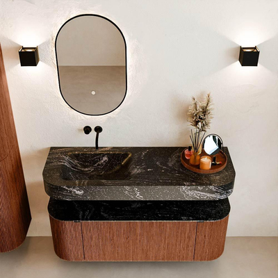 MONDIAZ THOR-DLUX 130cm meuble de salle de bains arrondi gauche + droite couleur Ruby avec 1 tiroir et 2 portes. Vasque suspendue CLOUD Gauche sans trou de robinet couleur Lava.