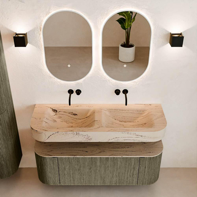 MONDIAZ THOR-DLUX 130cm meuble de salle de bains arrondi gauche + droite couleur Shadow avec 1 tiroir et 2 portes. Vasque suspendue CLOUD Double sans trou de robinet couleur Arena.