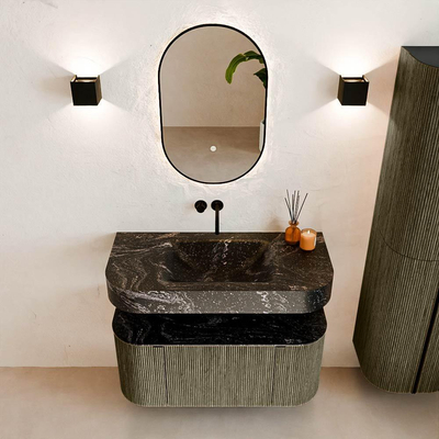 MONDIAZ THOR-DLUX 100cm meuble de salle de bains arrondi gauche + droite couleur Shadow avec 1 tiroir et 2 portes. Vasque suspendue CLOUD Milieu sans trou de robinet couleur Lava.