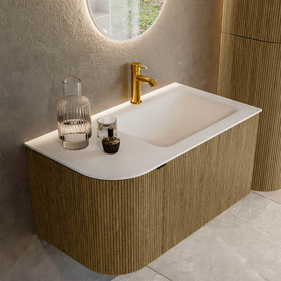 Ensemble de meuble Mondiaz KURVE - 85x46x40cm - 1 tiroir - 1 porte - lavabo en solid surface - droite - 1 trou de robinet - Dusk