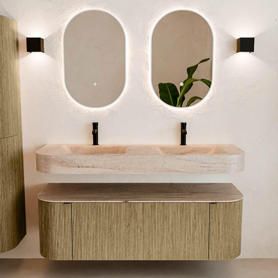 MONDIAZ THOR-DLUX 140cm meuble de salle de bains arrondi gauche + droite couleur Dusk avec 1 tiroir et 2 portes. Vasque suspendue CLOUD Double 2 trous de robinet couleur Saba.