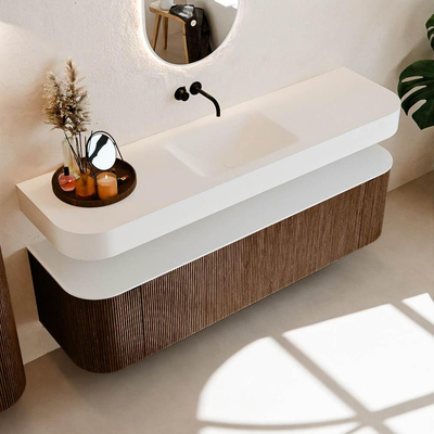 MONDIAZ THOR Meuble de salle de bains 170cm arrondi gauche + droite couleur Walnut avec 1 tiroir et 2 portes. Vasque suspendue CLOUD Milieu sans trou de robinet couleur Talc.