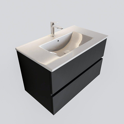 ENSEMBLE DE MEUBLE MONDIAZ VICA - 80cm - 2 tiroirs - lavabo Denia milieu - 1 trou de robinet - solid surface gris foncé