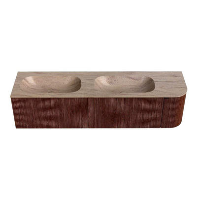 MONDIAZ KURVE-DLUX 175cm badmeubel ronding Rechts kleur Ruby met 2 lades en 1 deur. Wastafel STOR SMALL Dubbel / Links 2 kraangaten Saba.