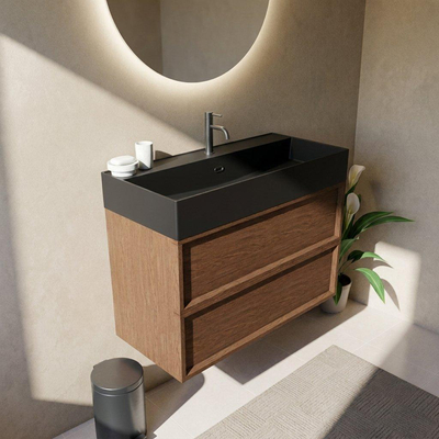 Saniclass Holz Frame Ensemble meuble de salle de bains - 100x45x72cm - Legend lavabo en céramique noir mat - 1 vasque - 1 trou de robinet - 2 tiroirs - walnut pure mat (bois)