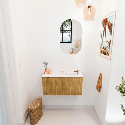 Mondiaz JOYA 80cm toiletmeubel - kleur Oak - Wastafel FAYE positie Rechts 1 kraangat kleur Talc.