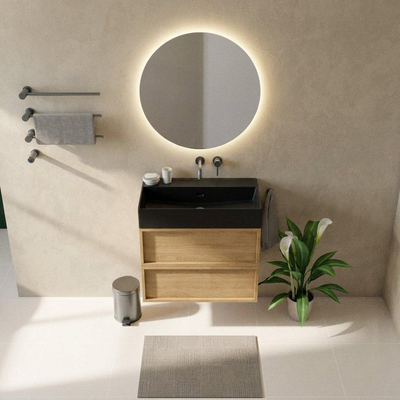 Saniclass Holz Frame Ensemble meuble de salle de bains - 80x45x72cm - Legend lavabo en céramique noir mat - 1 vasque - sans trou de robinetterie - 2 tiroirs - chêne natural mat (bois)