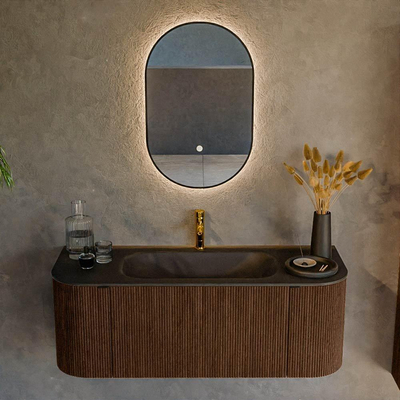 MONDIAZ KURVE 120cm badmeubel met module 25 Len R kleur Walnut met 1 lade en 2 deuren. Wastafel BIG SMALL midden 1 kraangat Urban.