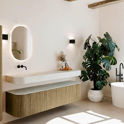 MONDIAZ THOR-DLUX 180cm meuble de salle de bains arrondi gauche + droite couleur Dusk avec 2 tiroirs et 2 portes. Vasque suspendue CLOUD Gauche sans trou de robinet couleur Opalo.