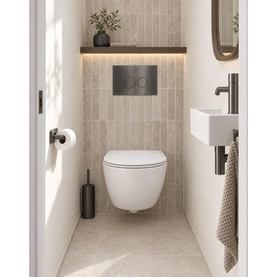 QeramiQ Dely Swirl Compact Toiletset - inbouwreservoir Geberit UP320 - met Burda frame - slim zitting - metalen bedieningsplaat gunmetal - ronde knoppen - mat wit