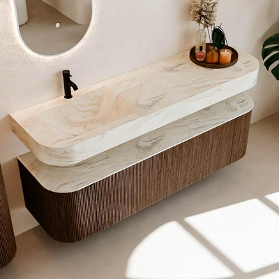 MONDIAZ THOR-DLUX 160cm meuble de salle de bains arrondi gauche + droite couleur Walnut avec 1 tiroir et 2 portes. Vasque suspendue CLOUD Gauche 1 trou de robinet couleur Ostra.