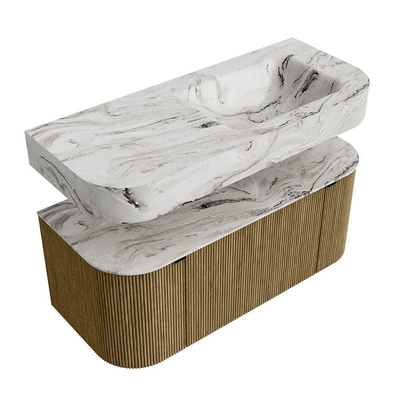 MONDIAZ THOR-DLUX 110cm meuble de salle de bains arrondi gauche + droite couleur Dusk avec 1 tiroir et 2 portes. Vasque suspendue CLOUD Droite sans trou de robinet couleur Glace.