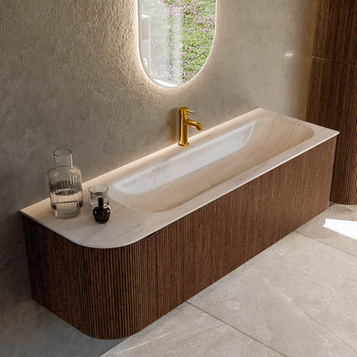 MONDIAZ KURVE-DLUX 145cm badmeubel ronding Links kleur Walnut met 1 lade en 1 deur. Wastafel BIG LARGE Rechts 1 kraangat Meli.