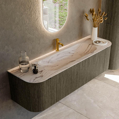 MONDIAZ KURVE-DLUX Meuble de salle de bains 160cm arrondi Gauche + Droite couleur Shadow avec 1 tiroir et 2 portes. Lavabo BIG MEDIUM Centre 1 trou de robinet Nata.