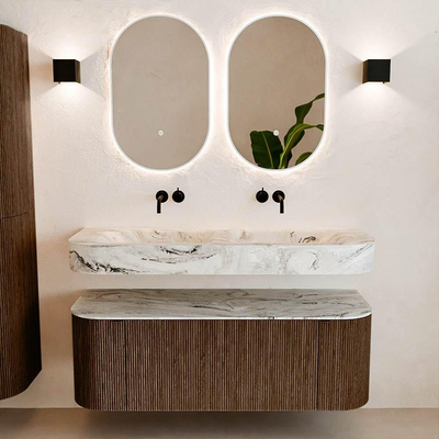 MONDIAZ THOR-DLUX 130cm badmeubel ronding links + rechts kleur Walnut met 1 lade en 2 deuren. Vrijhangende wastafel CLOUD Dubbel zonder kraangat kleur Glace.