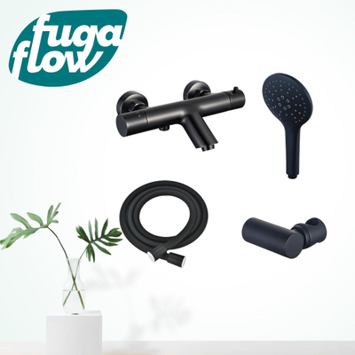 FugaFlow Eccelente Sobrado Badkamer Thermostatische badkraan met ronde handdouche, handdouchehouder en gladde doucheslang mat zwart